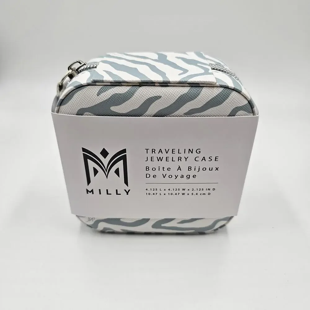 Milly‎ Blue Zebra Print Traveling Jewelry Case Mini Square Zip Organizer Mirror